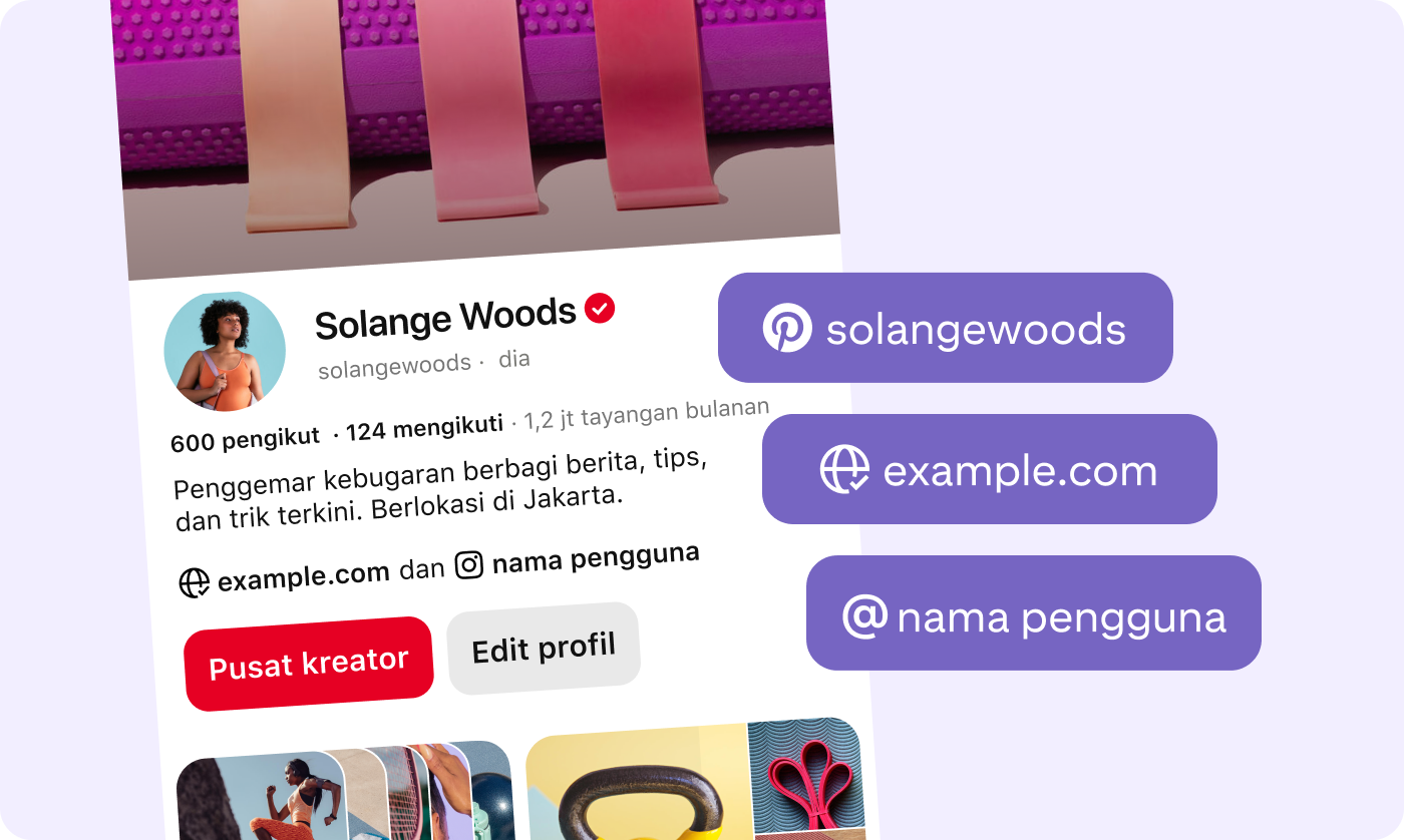 Profil Pinterest Solange Woods dengan nama pengguna Pinterest, situs web pengguna, dan nama pengguna Instagram yang terhampar dalam persegi panjang pop-up