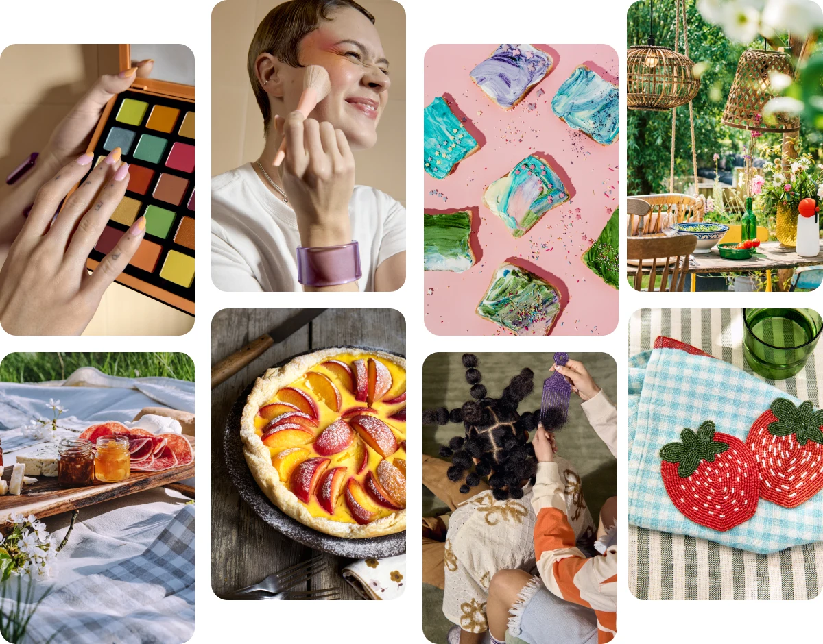 Grid of eight images including rainbow nails, pride makeup, colourful food, patio garden ideas, summer arts and crafts, summer desserts, picnic food, summer hairstyles.