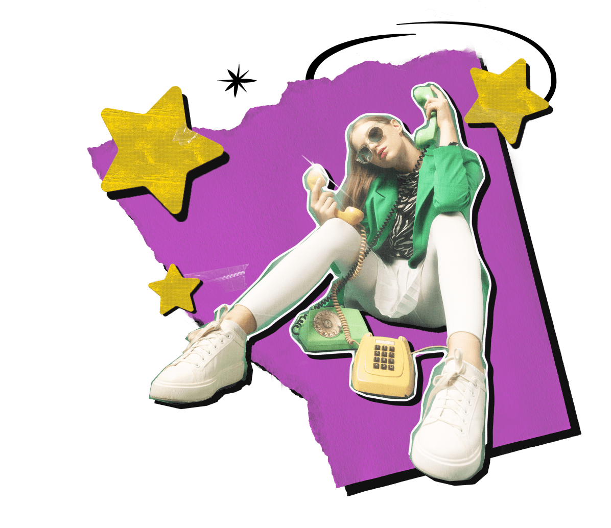 Collage featuring a cutout of a young woman sitting and holding two retro telephones, layered over a purple background with torn edges and three gold-star cutouts
