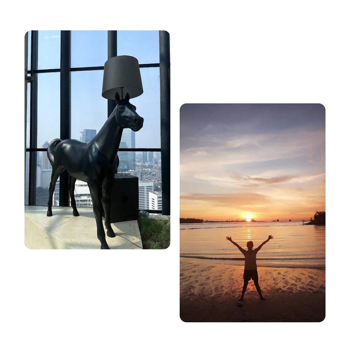 Two pins, lamp with horse statue base, person with arms in air looking at beach sunset