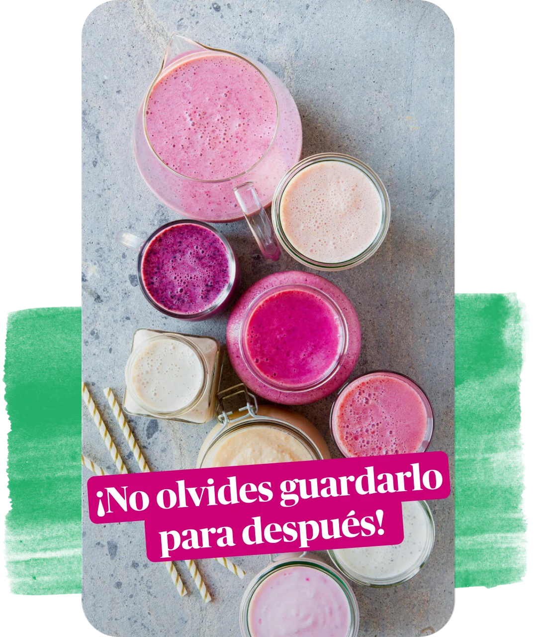 No olvides guardar la etiqueta de texto en un fondo rosa sobre el Pin de jugos en vasos de vidrio