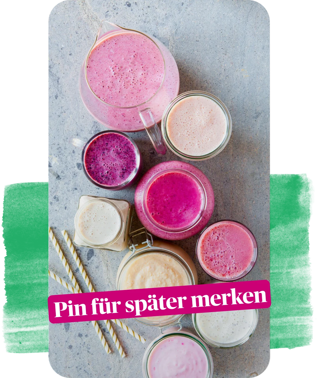 Text „Merke dir den Pin für später“ auf einem rosa Hintergrund auf einem Pin mit Saft in Gläsern
