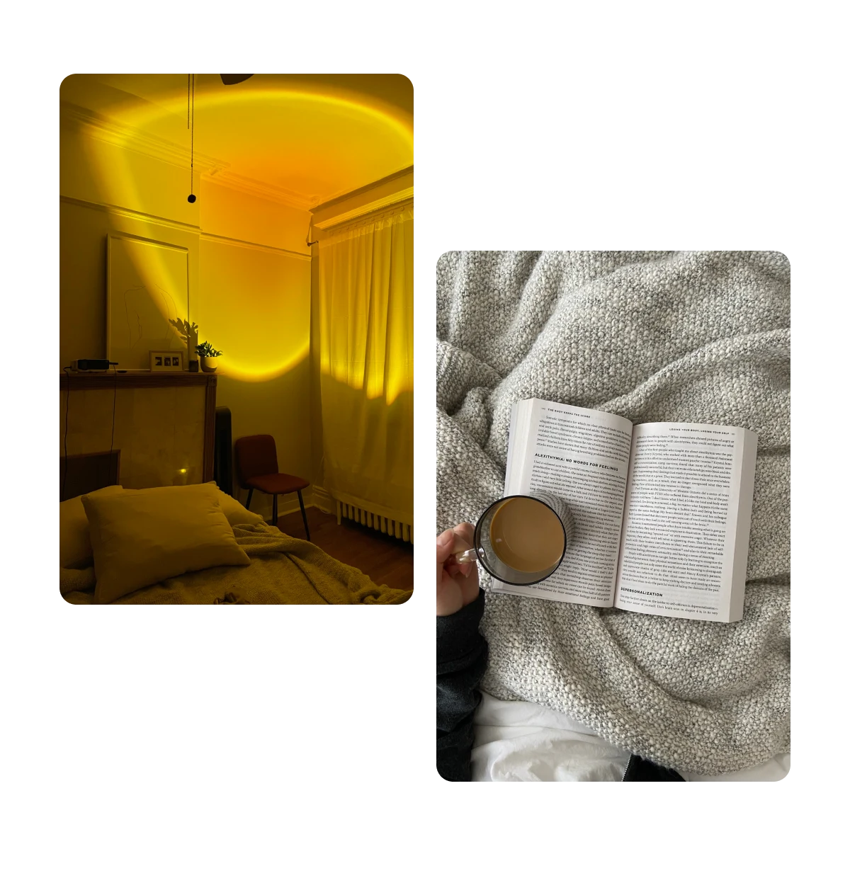 Two pins, bedroom with sunset lamp, book and coffee in bed