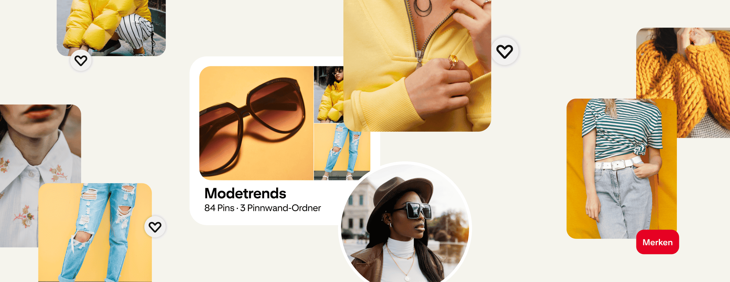 Collage aus Pins zum Thema Damenmode, die eine Pinnwand für Modetrends und einen Avatar einer jungen Frau mit Hut und Sonnenbrille umgeben
