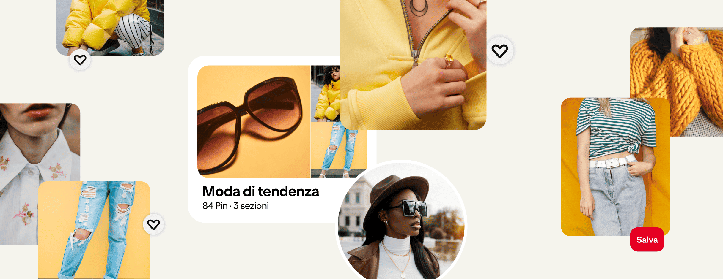 Collage di Pin di moda donna che circonda una bacheca di tendenze di moda e avatar di una giovane donna con cappello e occhiali da sole