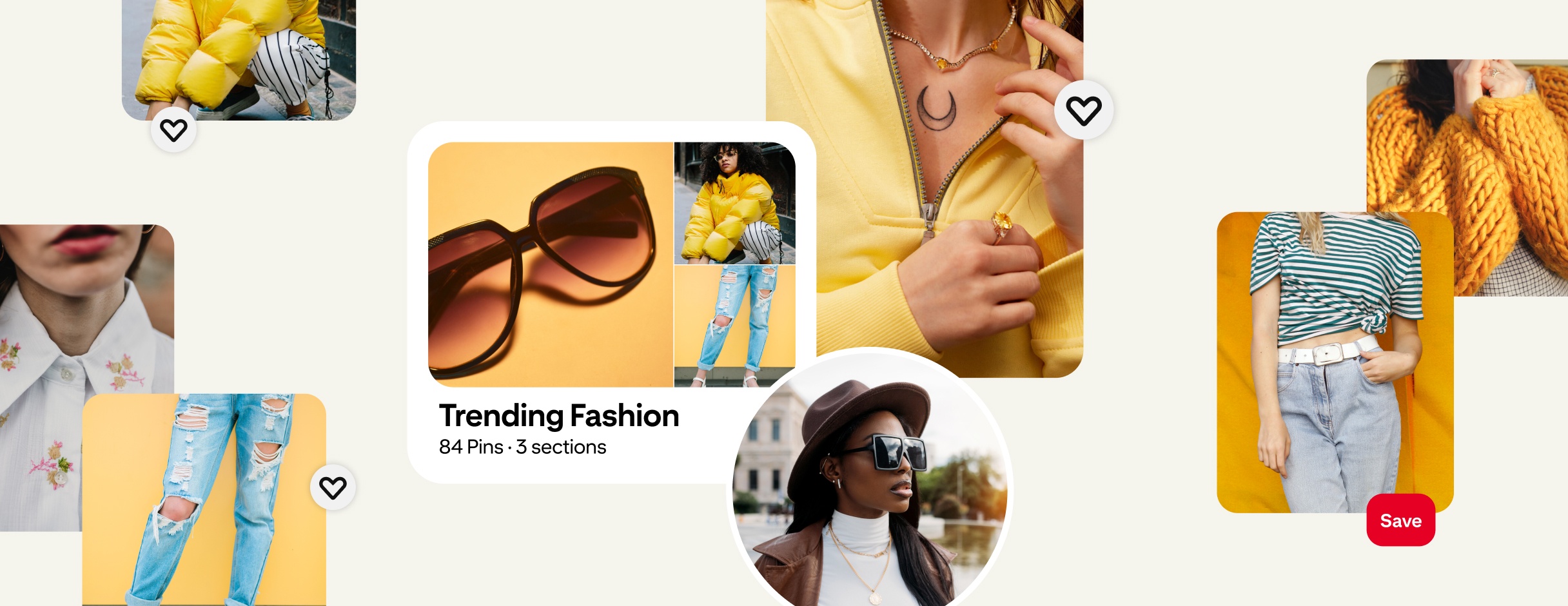 Collage of women's fashion Pins surrounding a Board for Trending Fashion board and avatar of young woman in a hat and sunglasses