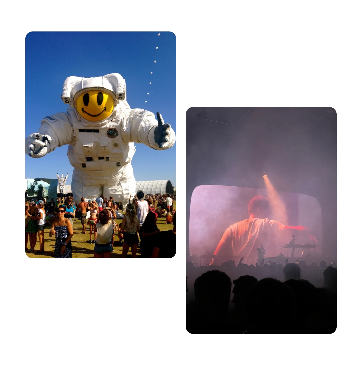 Two pins, floating astronaut at music festival, dj playing show