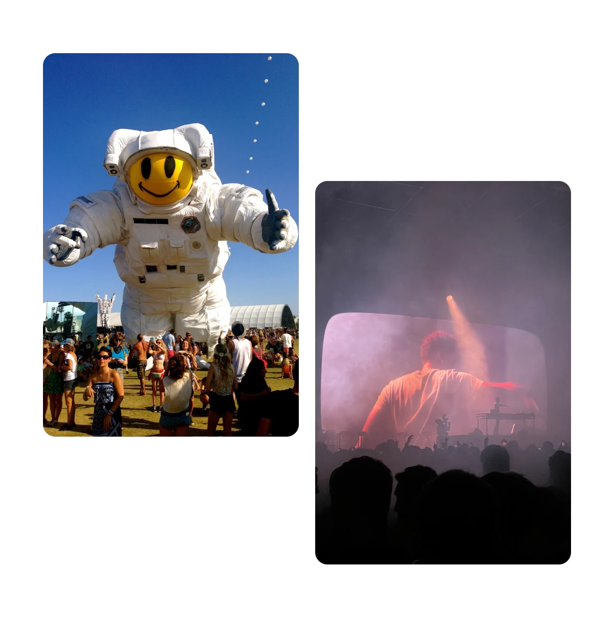Dois Pins, astronauta inflável em um festival de música, Dj tocando em um show