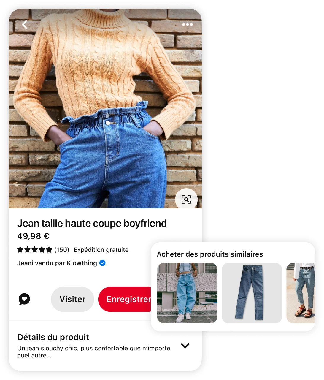 Épingle représentant une femme portant un pull orange torsadé et un jean boyfriend taille haute avec des suggestions de produits similaires et une invitation à « acheter des produits similaires »