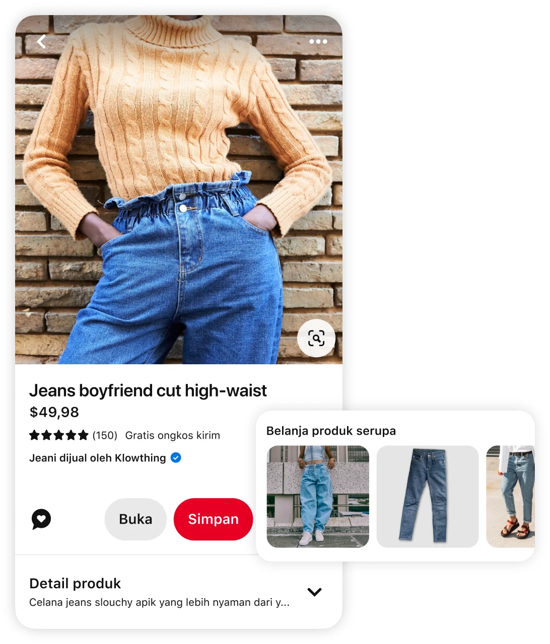 Pin wanita yang mengenakan sweter rajut kabel berwarna oranye dan celana jeans boyfriend high-waist dengan saran produk serupa dan petunjuk untuk "belanja produk serupa"