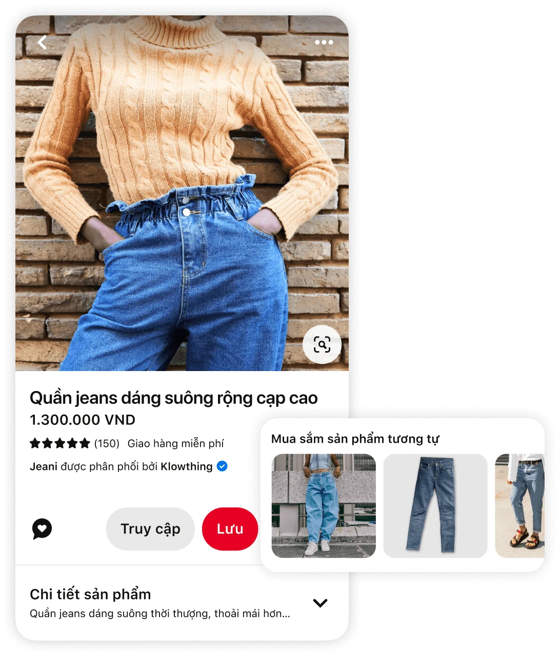 Ghim về một người phụ nữ mặc áo len màu cam và quần jeans dáng suông rộng cạp cao, kèm sản phẩm gợi ý tương tự và lời nhắc "mua sản phẩm tương tự"