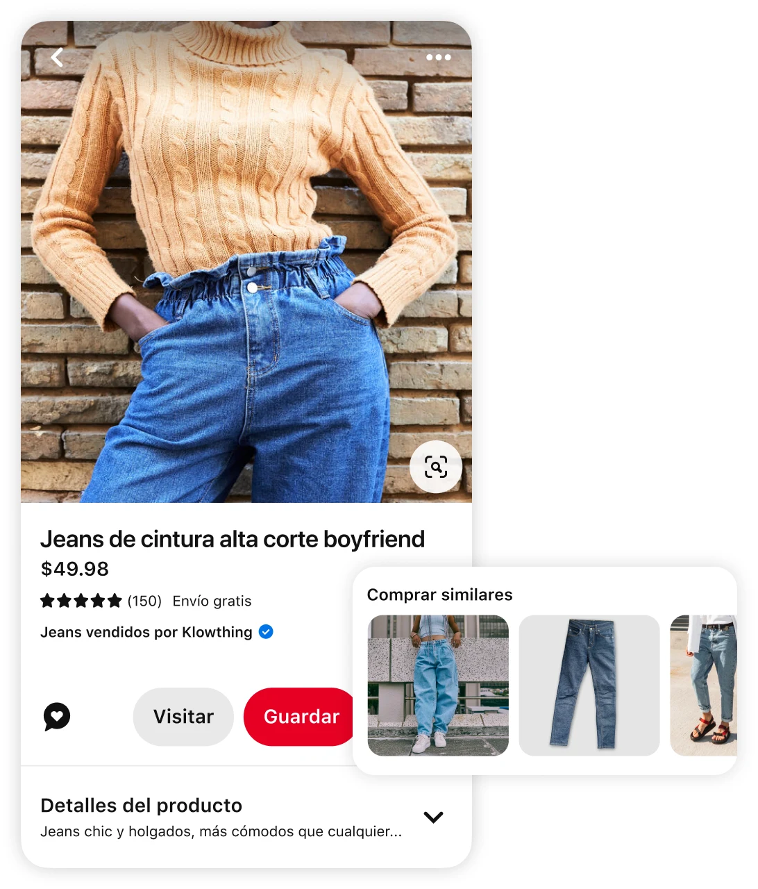 Pin de una mujer que lleva un jersey naranja de punto ocho y jeans de cintura alta, con sugerencias de productos similares y el texto “Comprar productos similares”