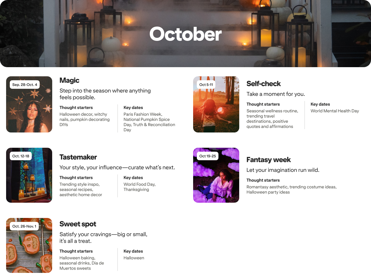 October planner view with five cards: Magic, Self-check, Tastemaker, Fantasy week and Sweet spot, each dated and paired with photos.