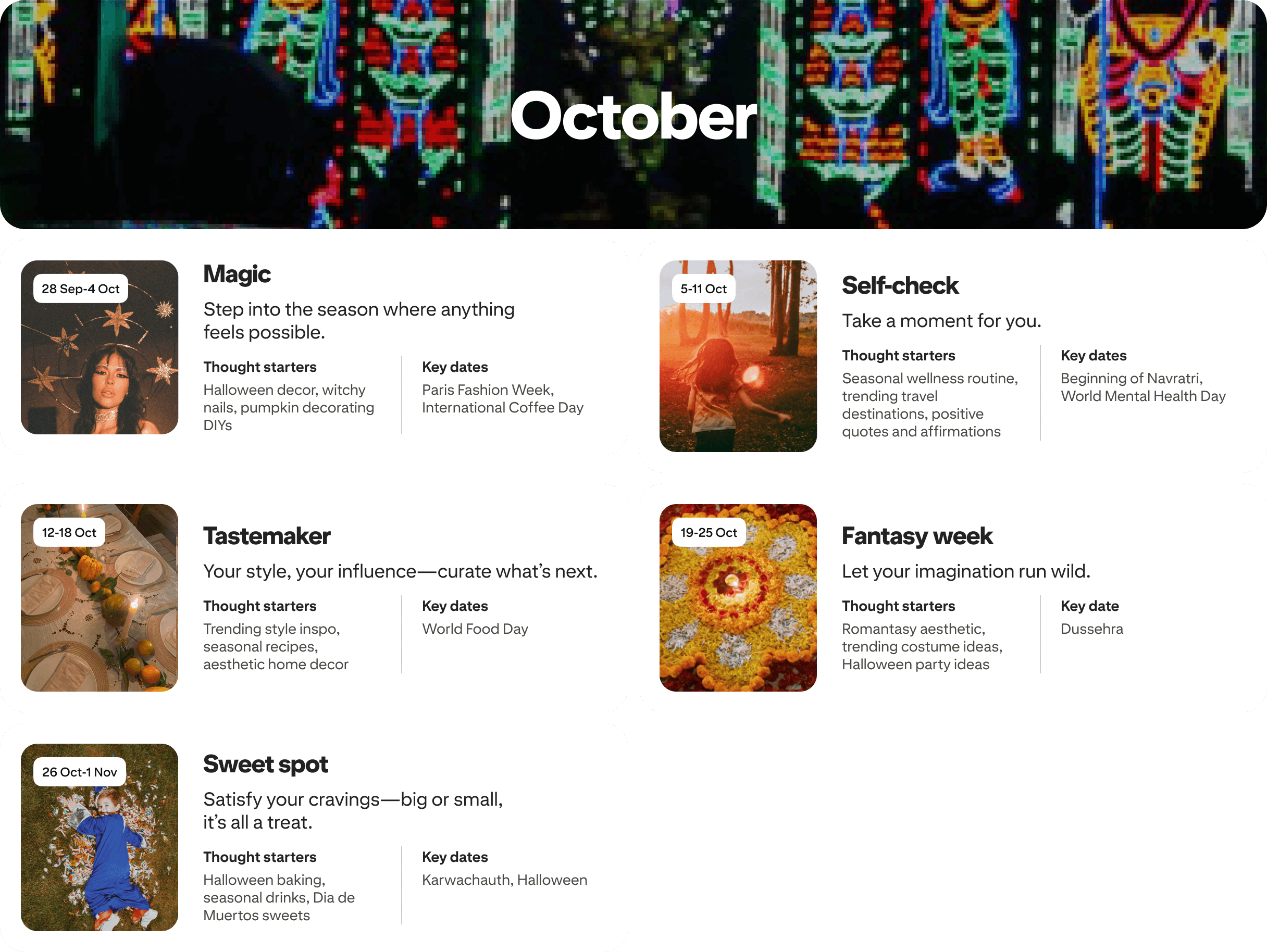 October planner view with five cards: Magic, Self-check, Tastemaker, Fantasy week and Sweet spot, each dated and paired with photos.