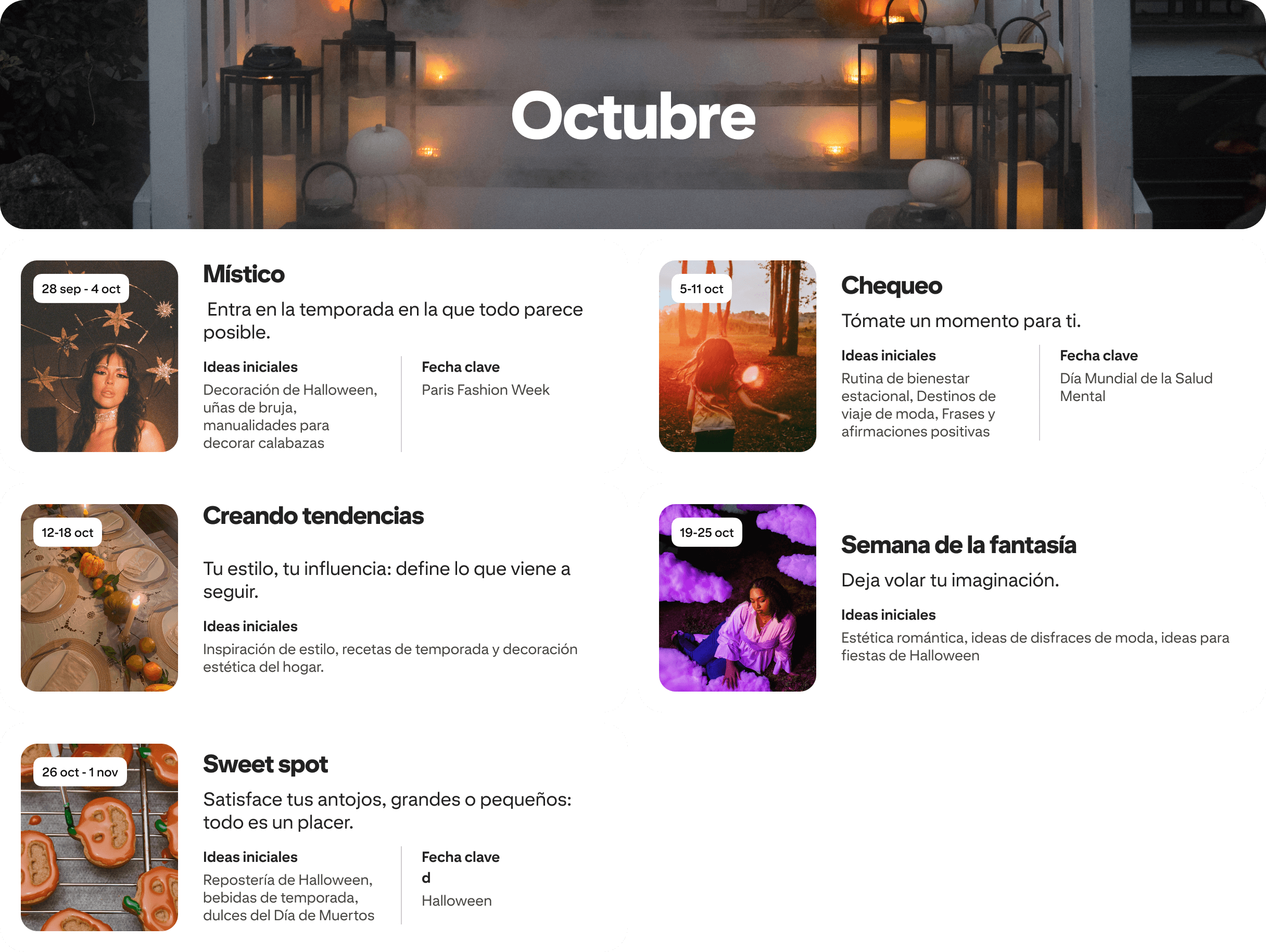 October planner view with five cards: Magic, Self-check, Tastemaker, Fantasy week and Sweet spot, each dated and paired with photos.