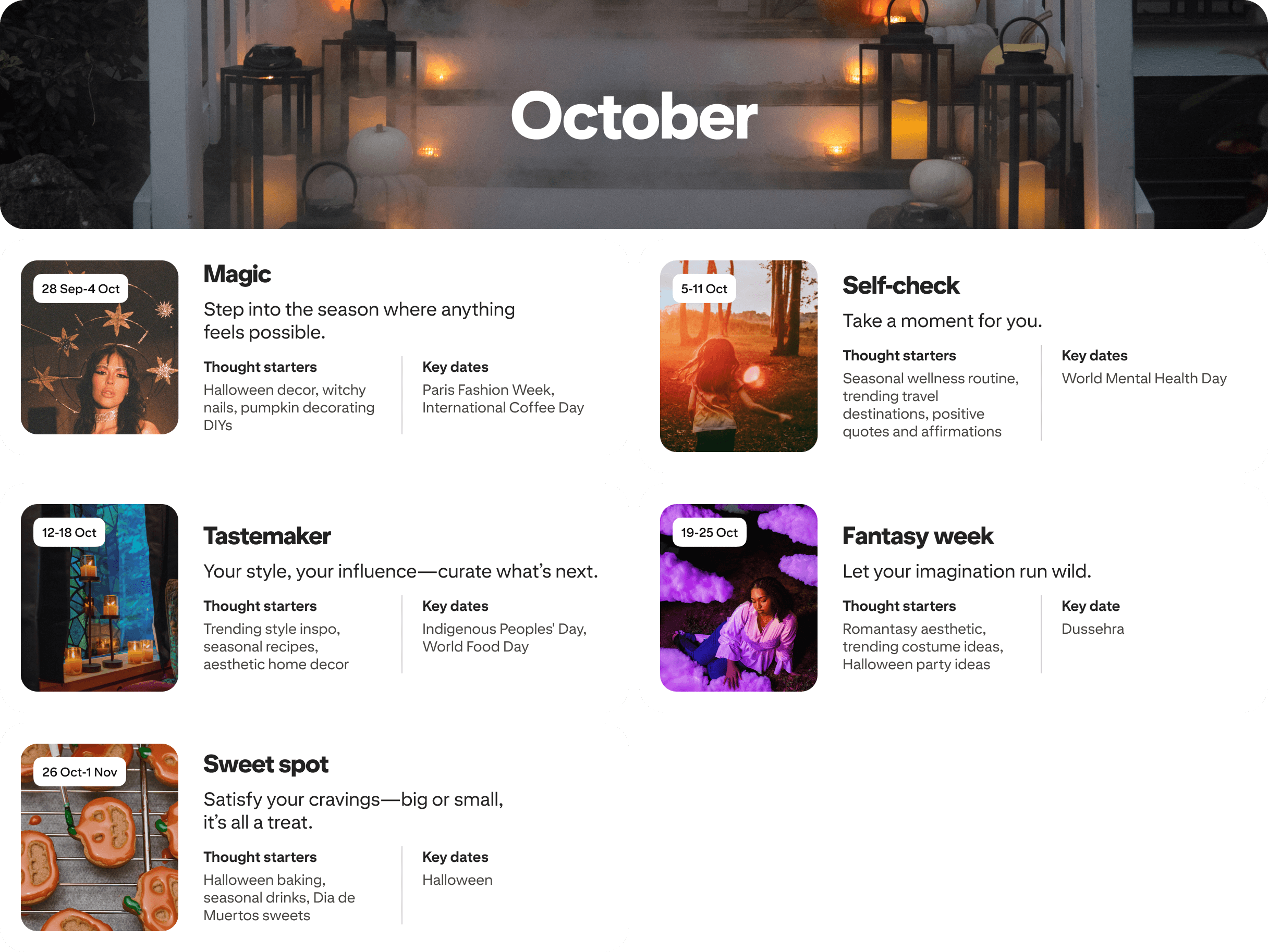 October planner view with five cards: Magic, Self-check, Tastemaker, Fantasy week and Sweet spot, each dated and paired with photos.