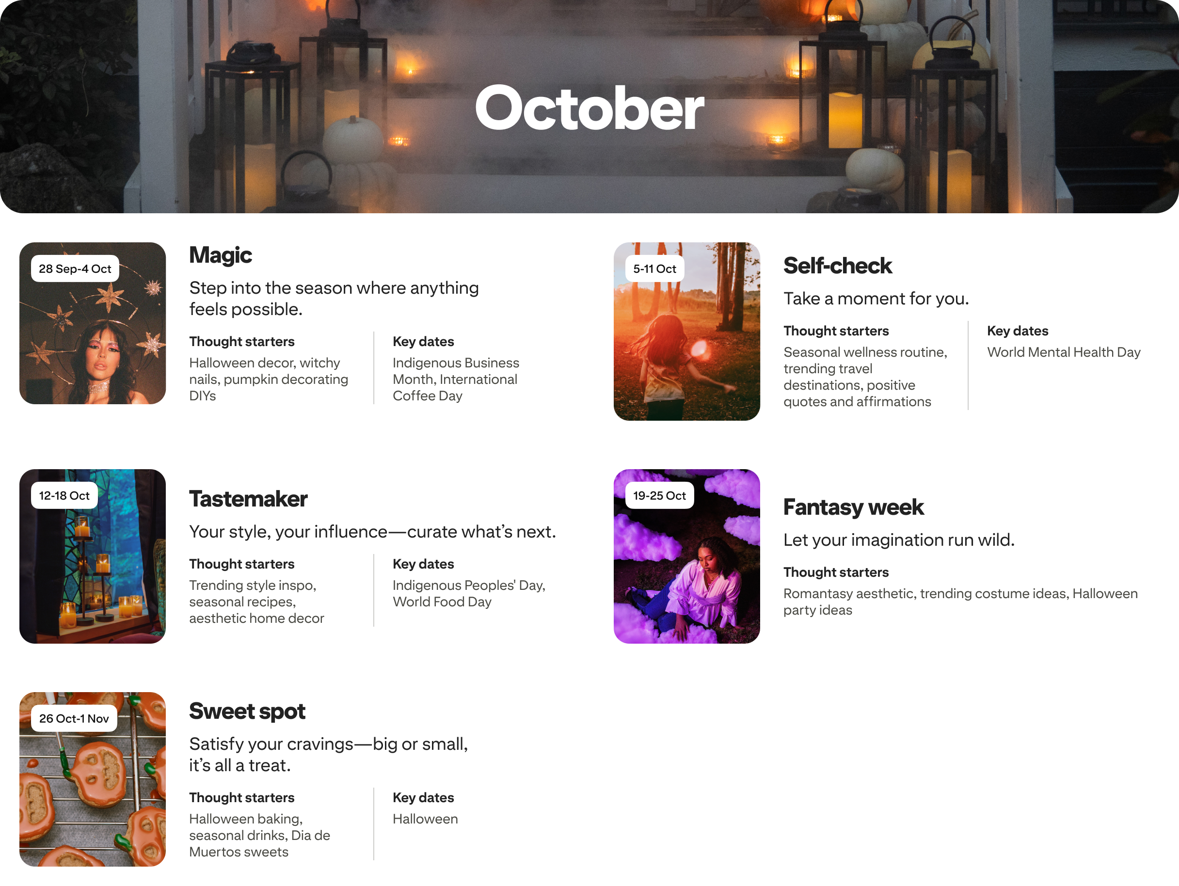 October planner view with five cards: Magic, Self-check, Tastemaker, Fantasy week and Sweet spot, each dated and paired with photos.