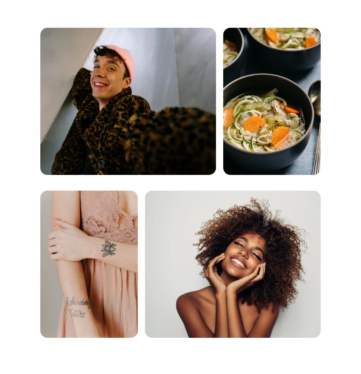 Four Pin grid. Person in fluffy coat. Bowl of soup. Bee tattoo. Woman smiling.