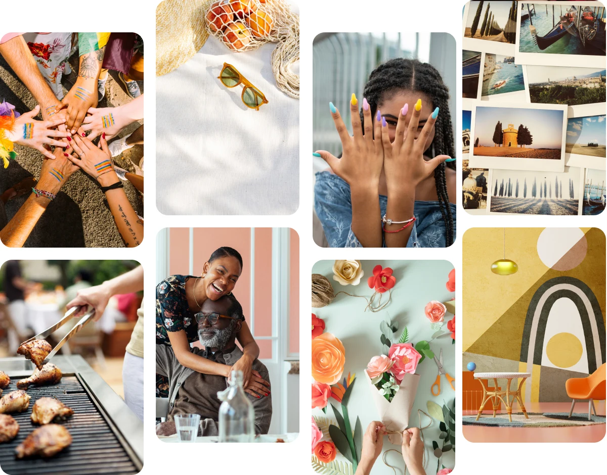 Pin grid of eight pins. Pile of hands celebrating Pride, blanket with sunglasses and oranges, colorful pastel manicure, stack of travel Polaroids, chicken on grill, granddaughter embracing her grandfather, bouquet of paper flowers, maximalist home decor.