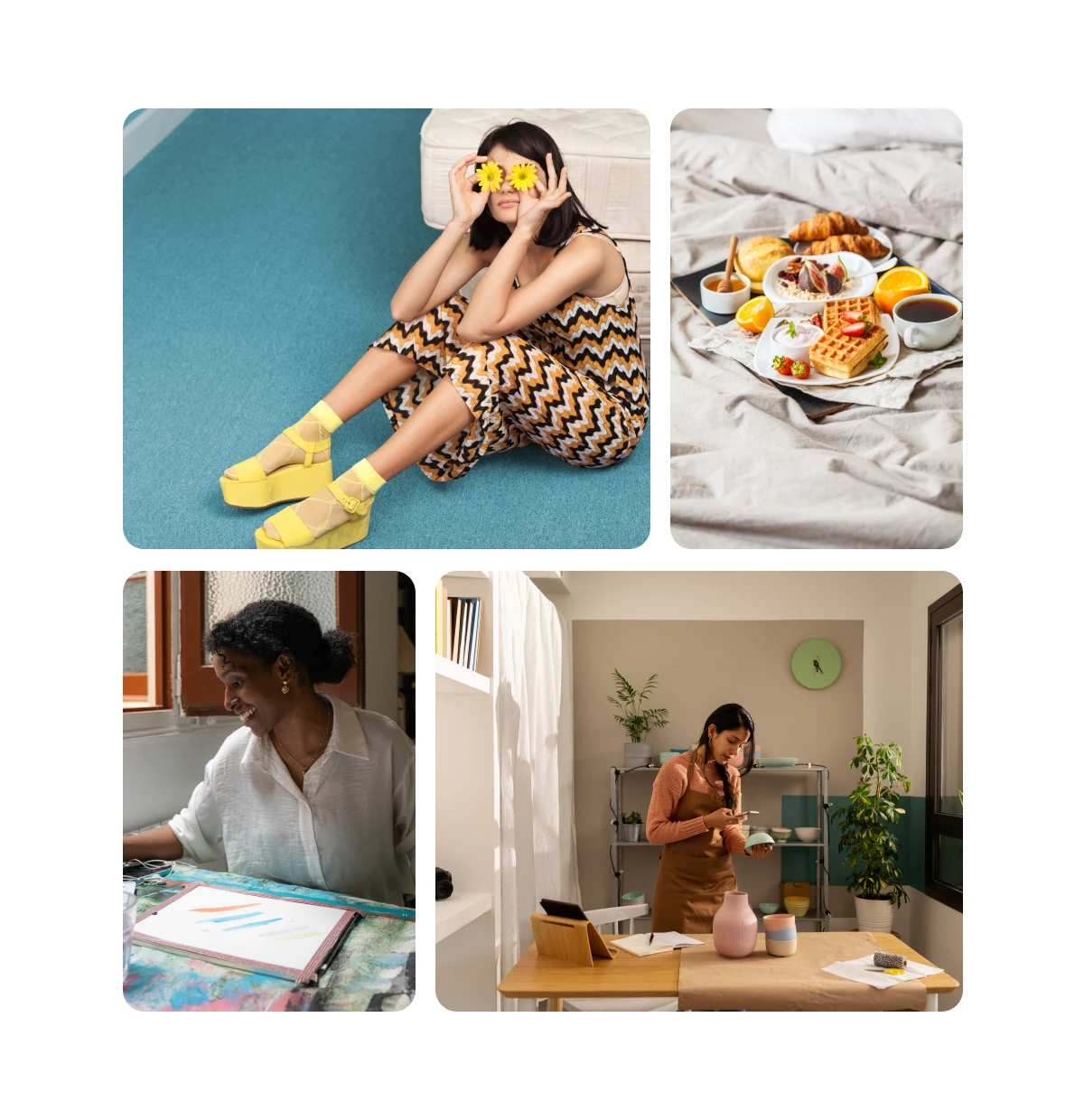 Grid of four images including spring outfits, breakfast in bed recipes, feminist and feel-good art projects and home office ideas.