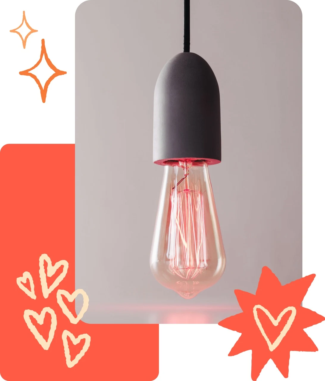 Collage d’épingles avec une ampoule moderne pendante, une épingle orange et des illustrations en forme de cœur
