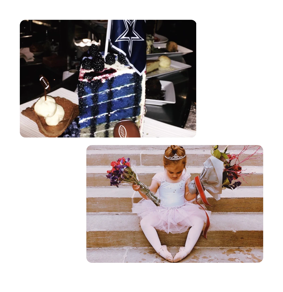 Zwei Pins, Torte dekoriert mit amerikanischen Football, junge Ballerina mit Blumen 