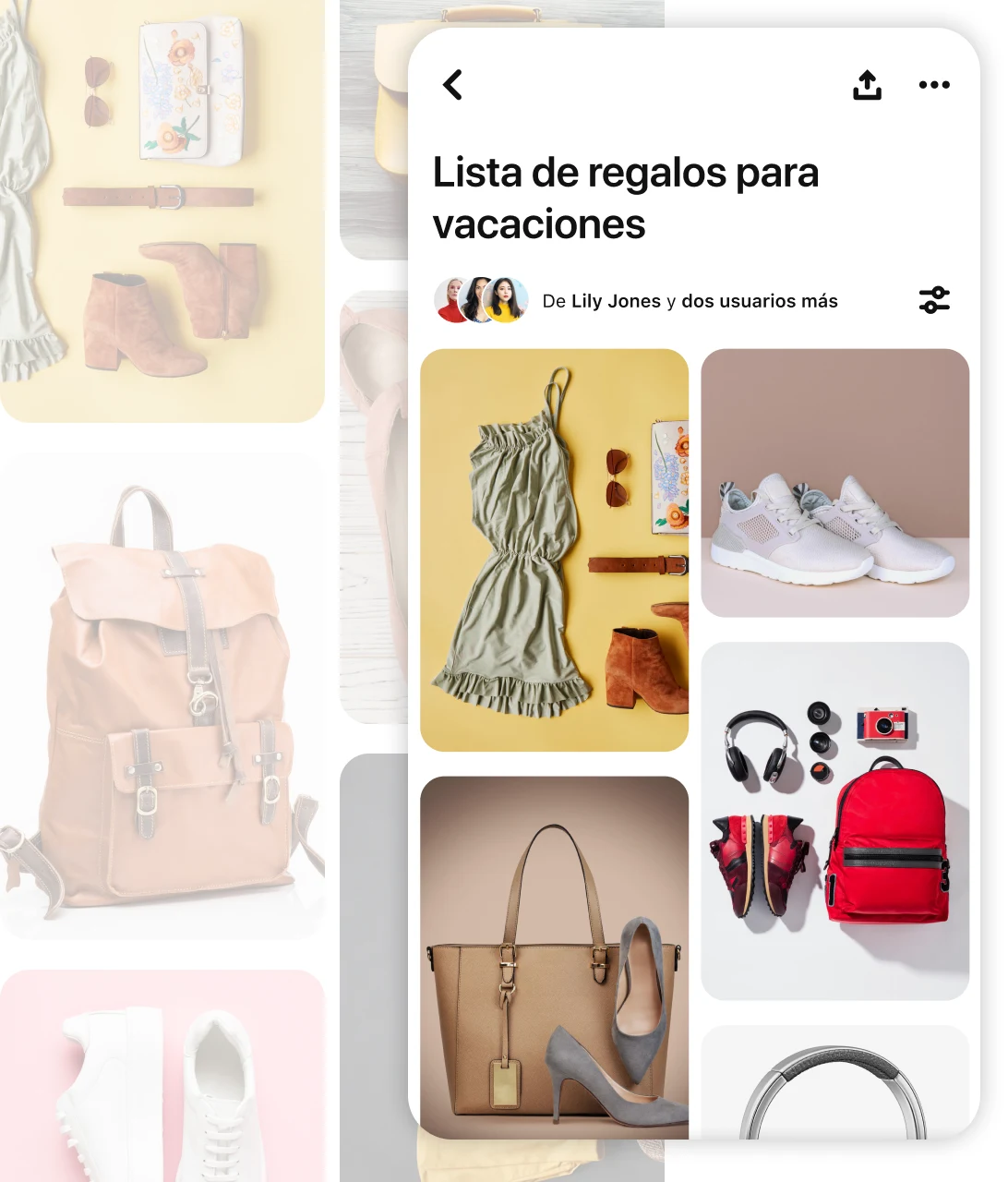 Pin grid with a board titled "travel attire" including bags, shoes and headphones