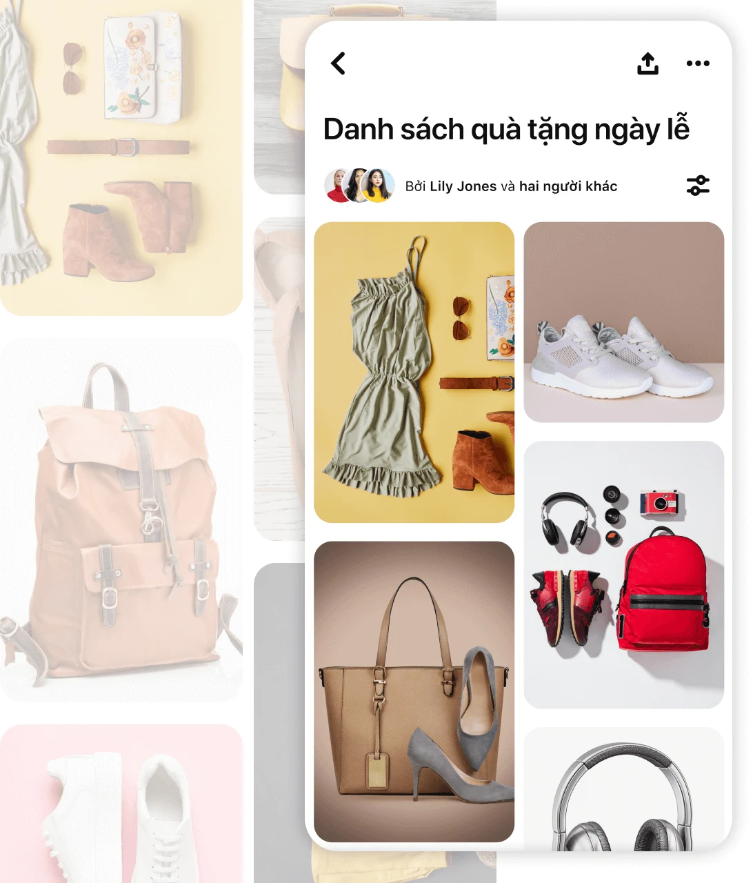 Lưới ghim có bảng tên là "trang phục du lịch" bao gồm túi xách, giày dép và tai nghe