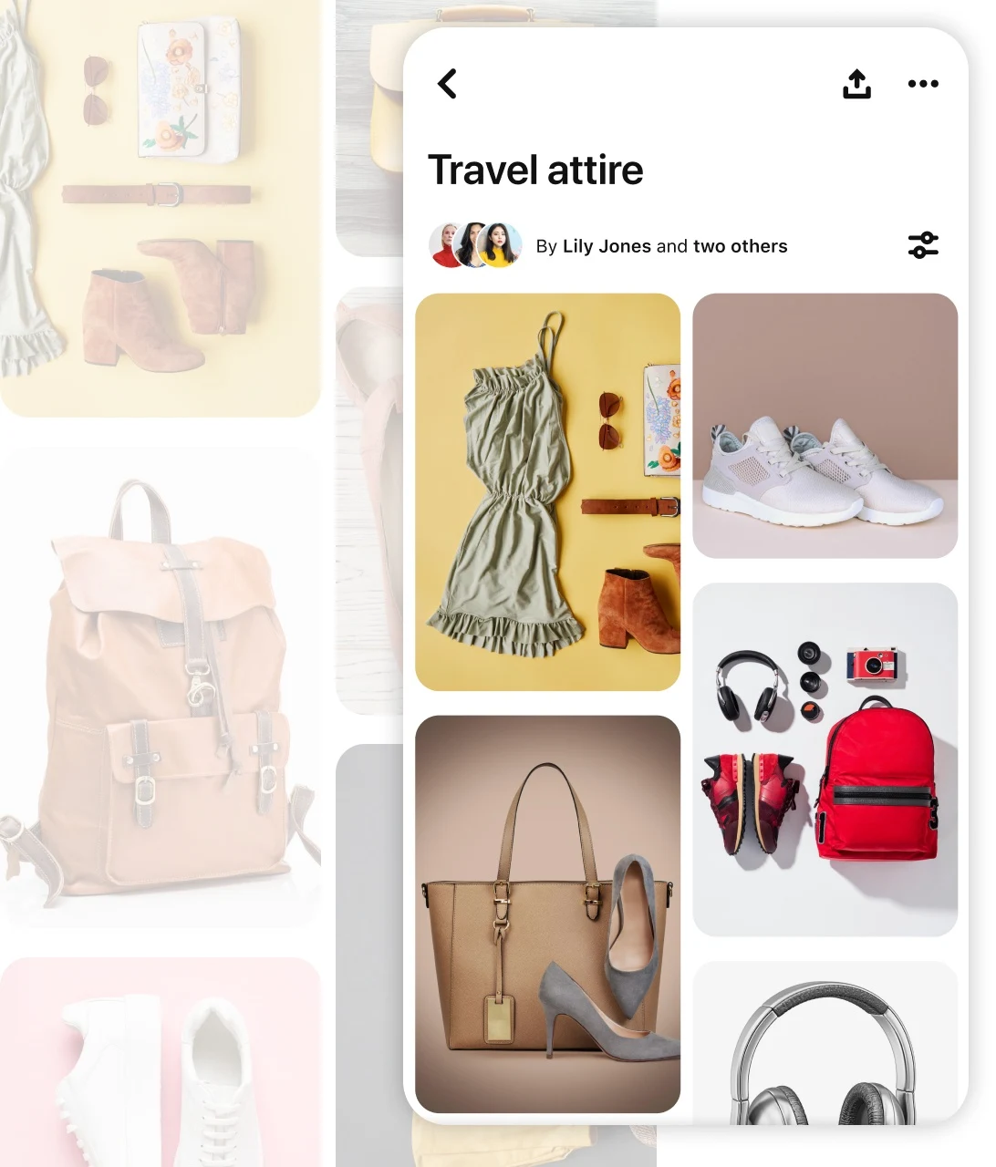 Pin grid with a board titled "travel attire" including bags, shoes and headphones
