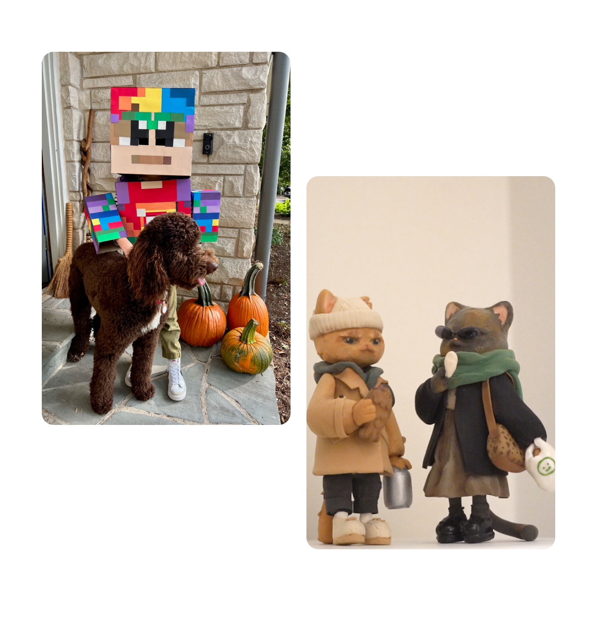 Dois Pins, fantasia de criança feita em casa, mini figuras de dois gatos feitos à mão