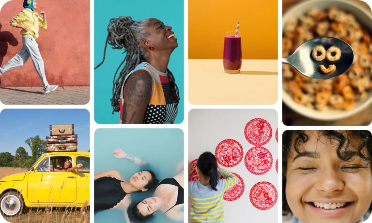 Collage of people running, kissing, smiling, floating in water, decorating with wall art and playing with a bowl of cereal.