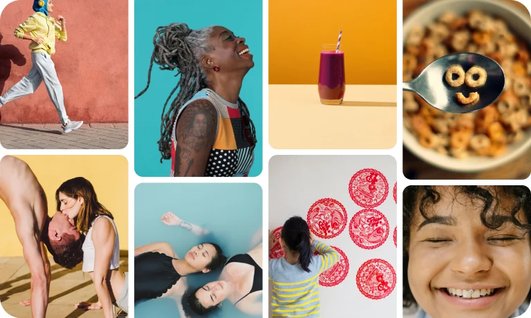 Collage of a people running, kissing, smiling, floating in water, decorating with wall art and playing with a bowl of cereal.