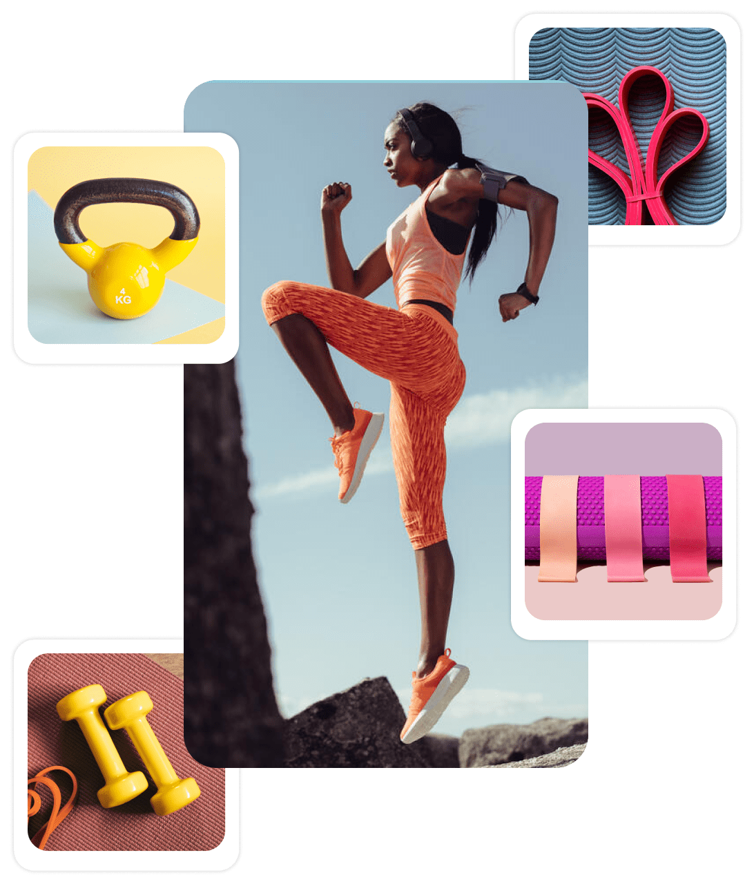 Collage of fitness Pins: A woman in orange workout clothes jumping on a rock with images of exercise equipment surrounding her.