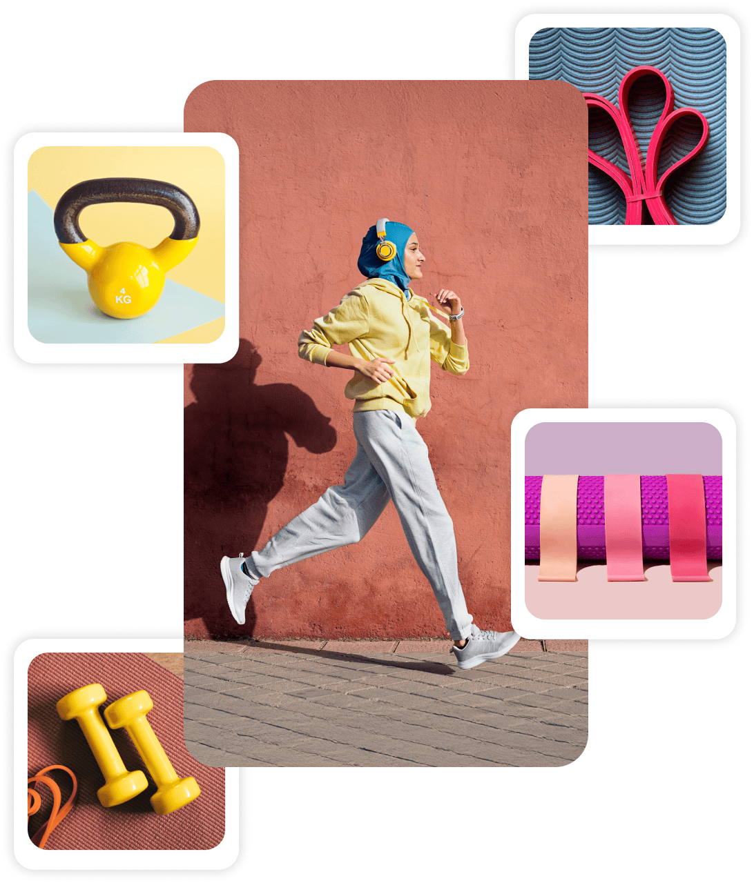 كولاج لمنشورات اللياقة البدنية: امرأة ترتدي ملابس رياضية برتقالية تقفز على صخرة، تحيط بها صور لأدوات التمرين.