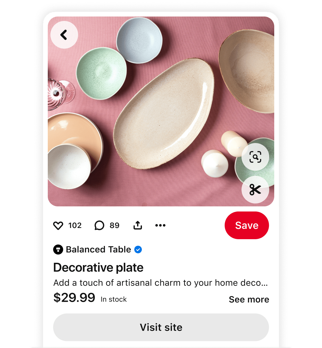 Pinterest product Pin showcasing speckled ceramic plates in muted tones, with details on the product name, price, and availability from Balanced Table, includes a "Visit site" button for purchase.