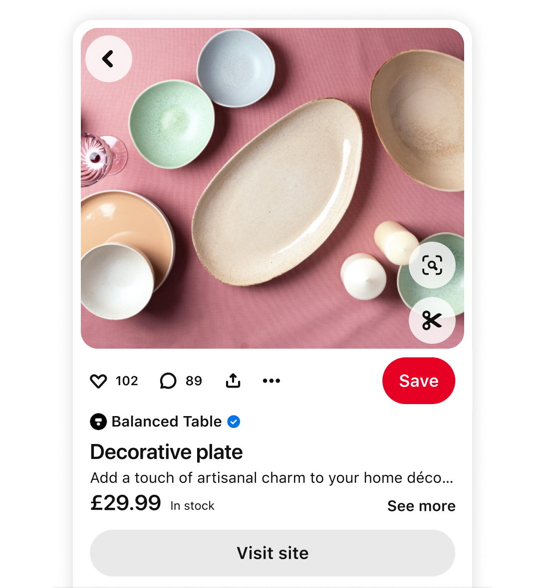 Pinterest product Pin showcasing speckled ceramic plates in muted tones, with details on the product name, price and availability from Balanced Table, as well as a ‘Visit site’ button for purchase.