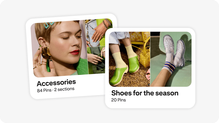 One board labeled with the word "Accessories," with an image of a woman wearing bold, sculptural earrings. A second board with the title "Shoes for the season" and images of green clog shoes and clear jelly sandals.