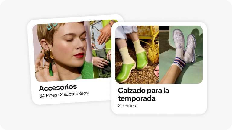 Un tablero etiquetado con la palabra “Accesorios”, con una imagen de una mujer luciendo aretes atrevidos y esculturales. Aparece otro tablero con el título “Zapatos para la temporada” e imágenes de zuecos verdes y sandalias de gelatina transparente.