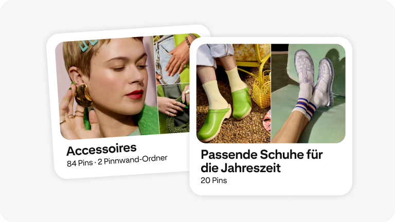 Eine Pinnwand mit der Aufschrift „Accessoires“ und dem Bild einer Frau, die auffällige, skulpturale Ohrringe trägt. Eine zweite Pinnwand mit dem Titel „Schuhe der Saison“ und Bildern von grünen Clogs und durchsichtigen Gummisandalen.