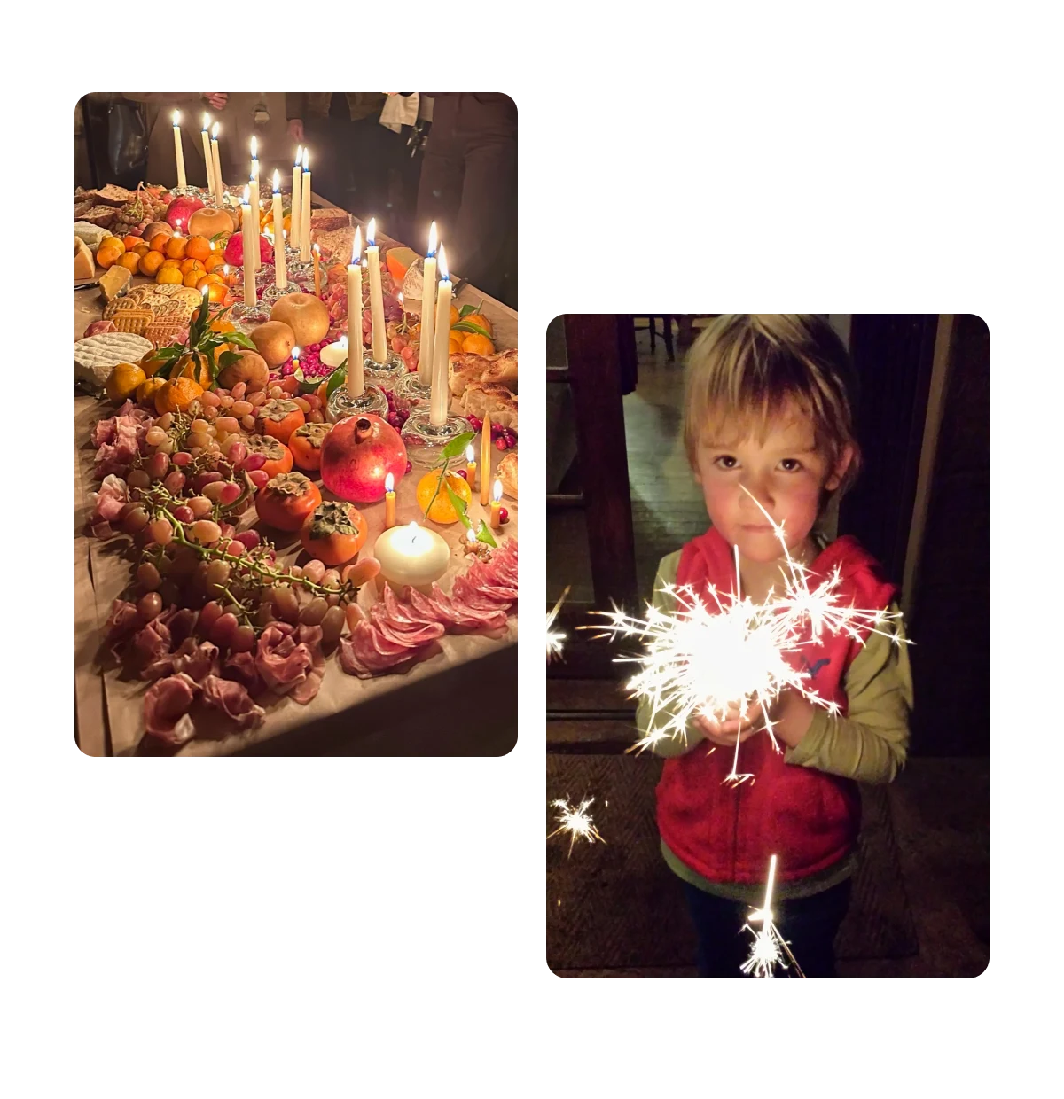 Two pins, table set with food for party, young boy holding sparklers