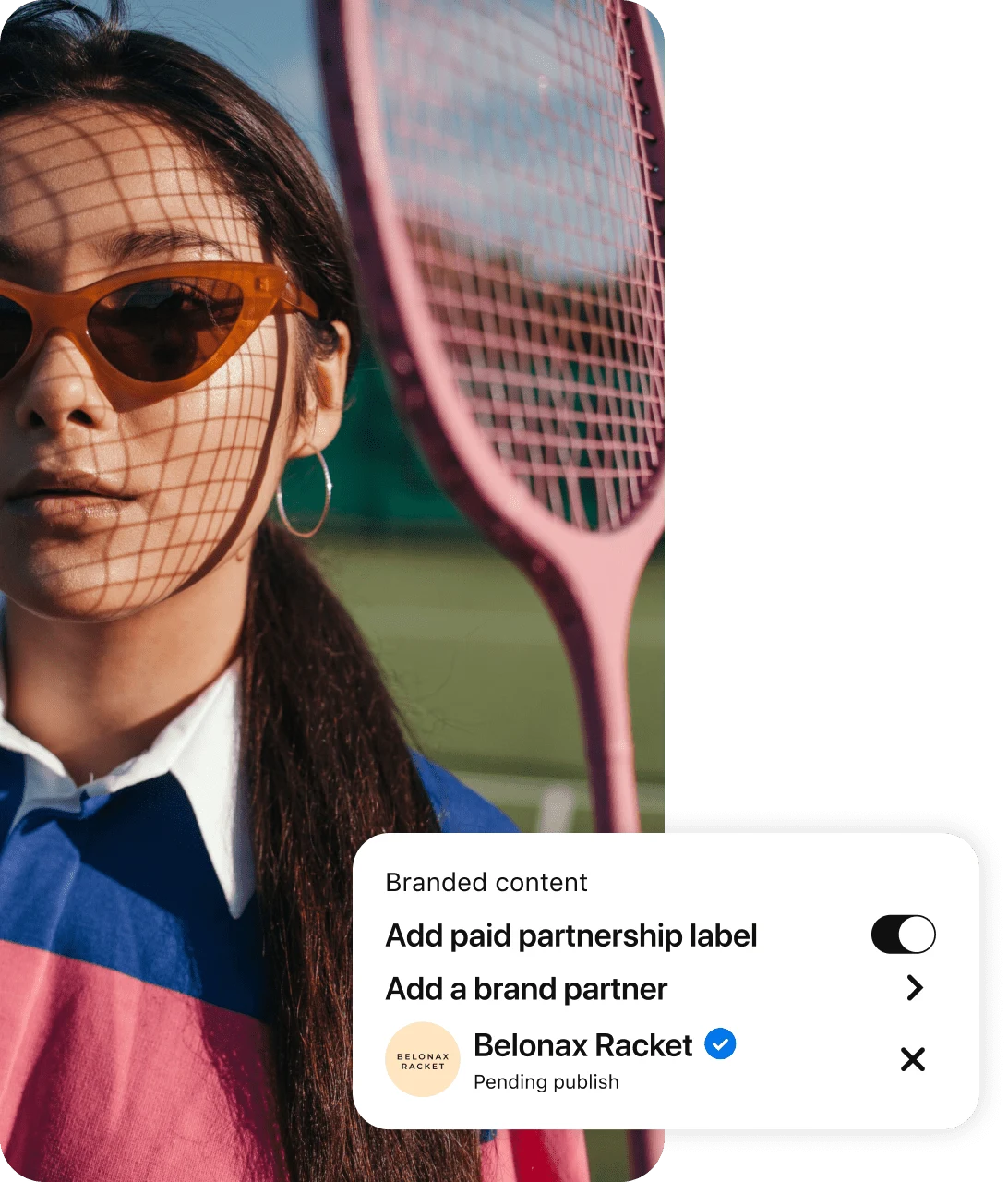 Image of women with a pink tennis racket, overlaid with a screenshot of Pinterest's Branded Content settings that includes options for adding a paid partnership label and a brand partner.