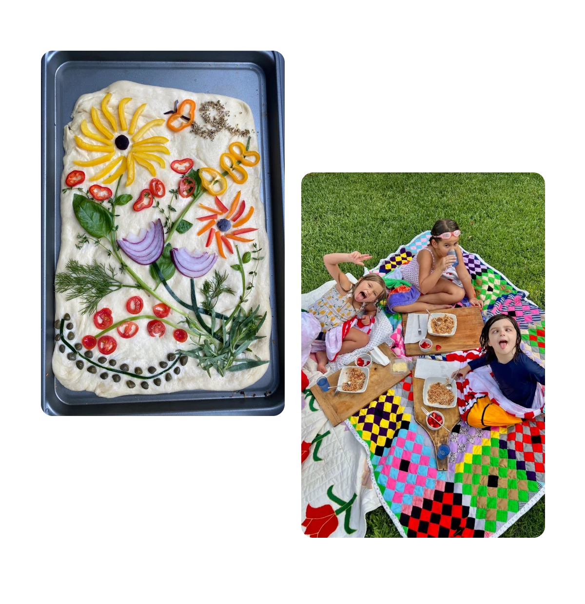 Two pins, floral focaccia bread, picnic with kids