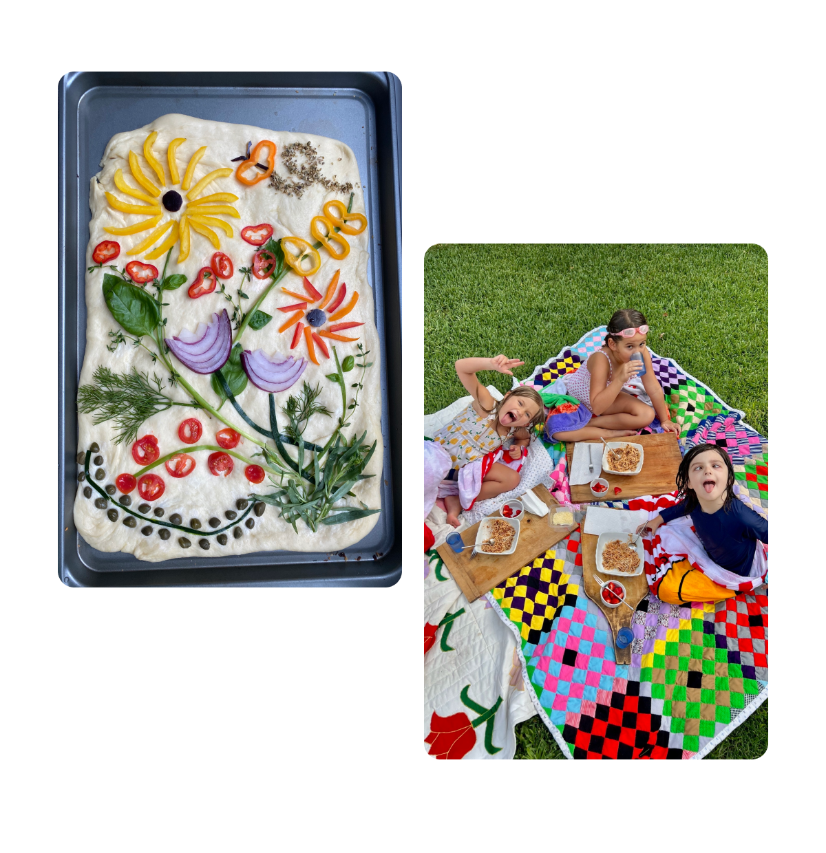 Two pins, floral focaccia bread, picnic with kids