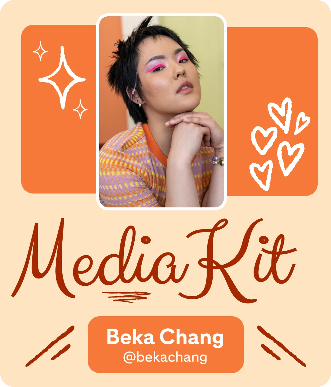 Orange-themed media kit banner for Beka Chang