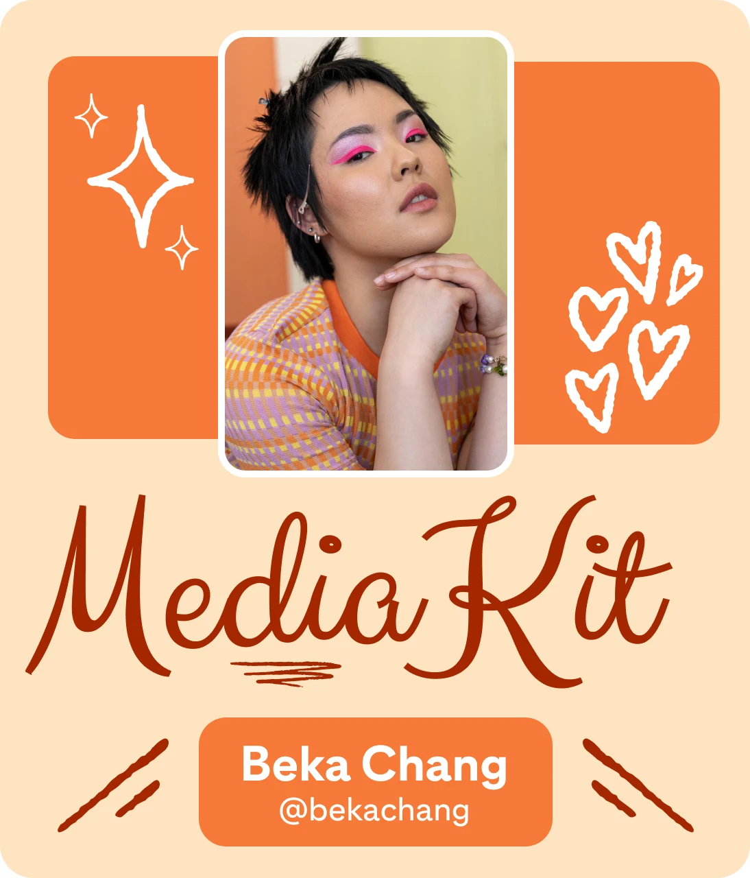 Orange themed media kit banner for Beka Chang