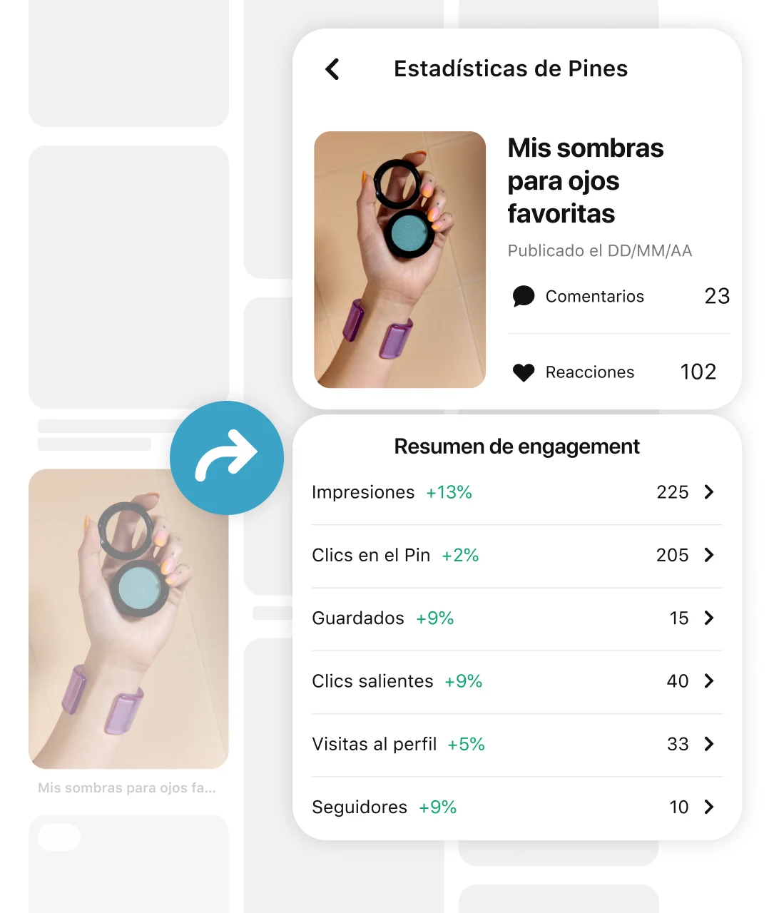 Hand wearing a chunky purple bracelet holding a blue eyeshadow compact in black pin grid with an arrow pointing to Pin stats and engagement metrics