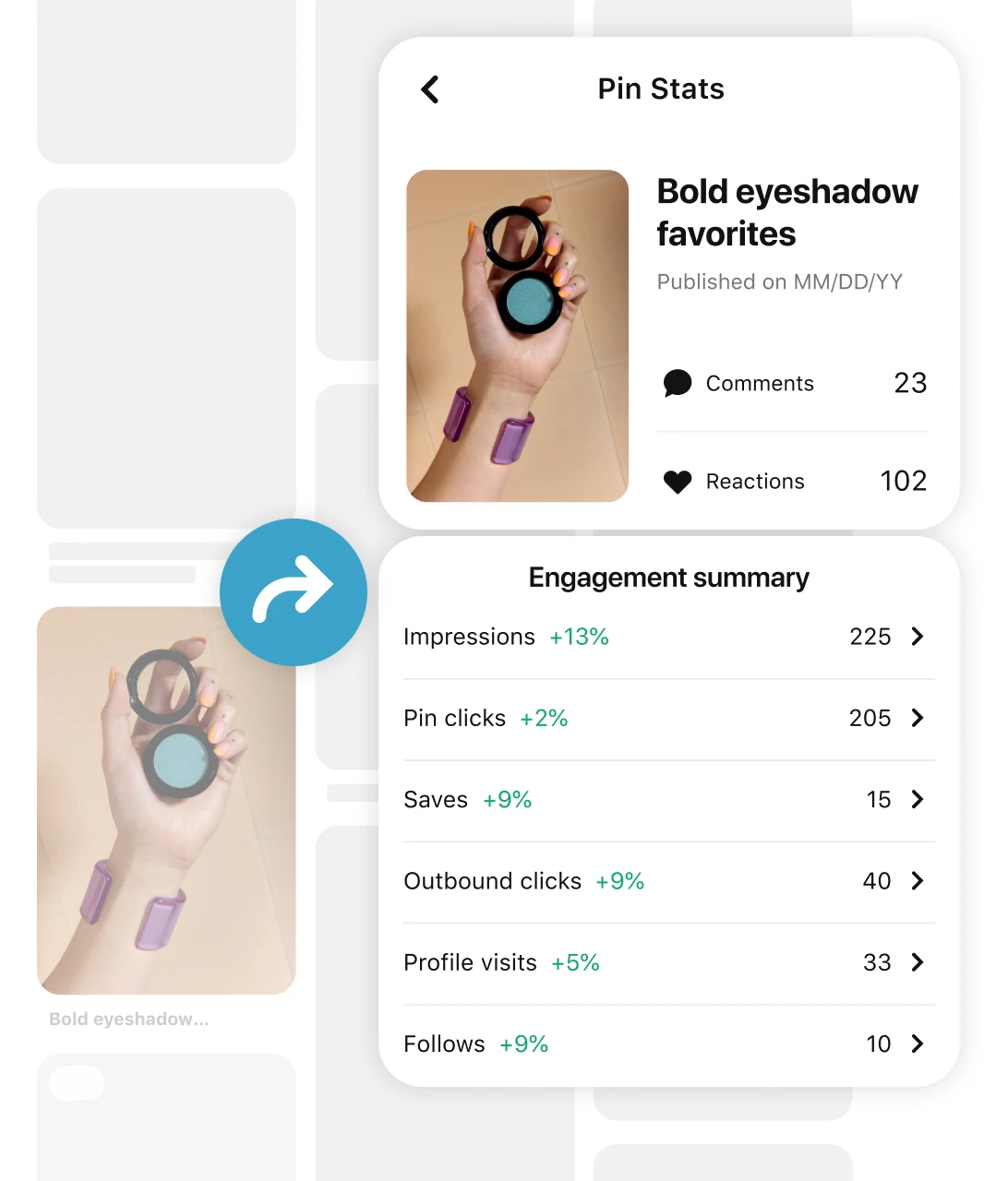 Hand wearing a chunky purple bracelet holding a blue eyeshadow compact in black pin grid with an arrow pointing to Pin stats and engagement metrics