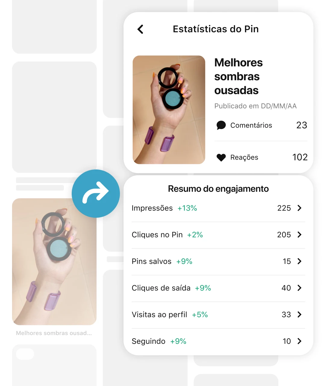 Hand wearing a chunky purple bracelet holding a blue eyeshadow compact in black pin grid with an arrow pointing to Pin stats and engagement metrics