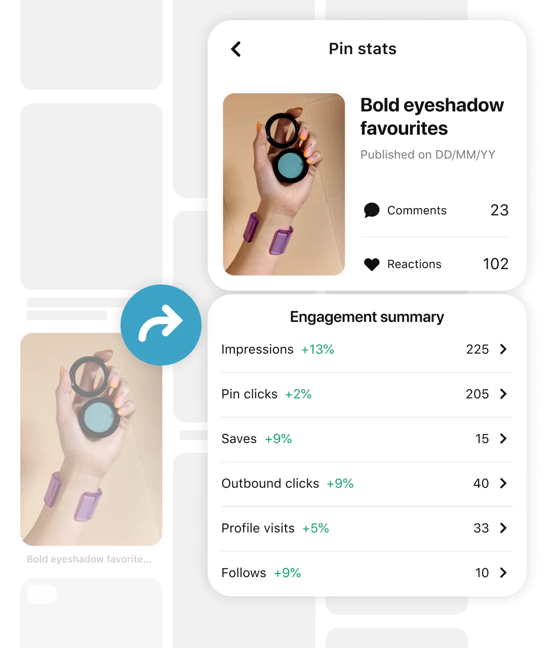 Hand wearing a chunky purple bracelet holding a blue eyeshadow compact in black pin grid with an arrow pointing to Pin stats and engagement metrics