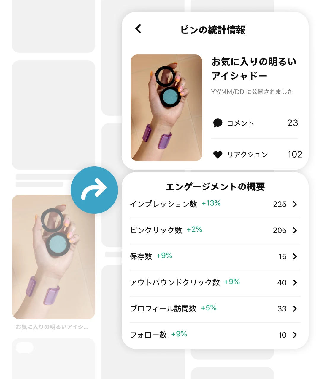 Hand wearing a chunky purple bracelet holding a blue eyeshadow compact in black pin grid with an arrow pointing to Pin stats and engagement metrics